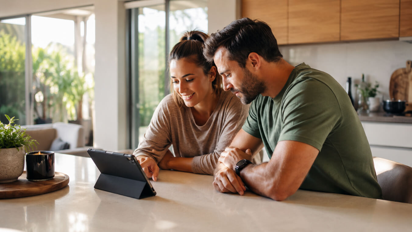 Australian veteran and partner discussing the 1 July 2026 DVA pension changes together at home.