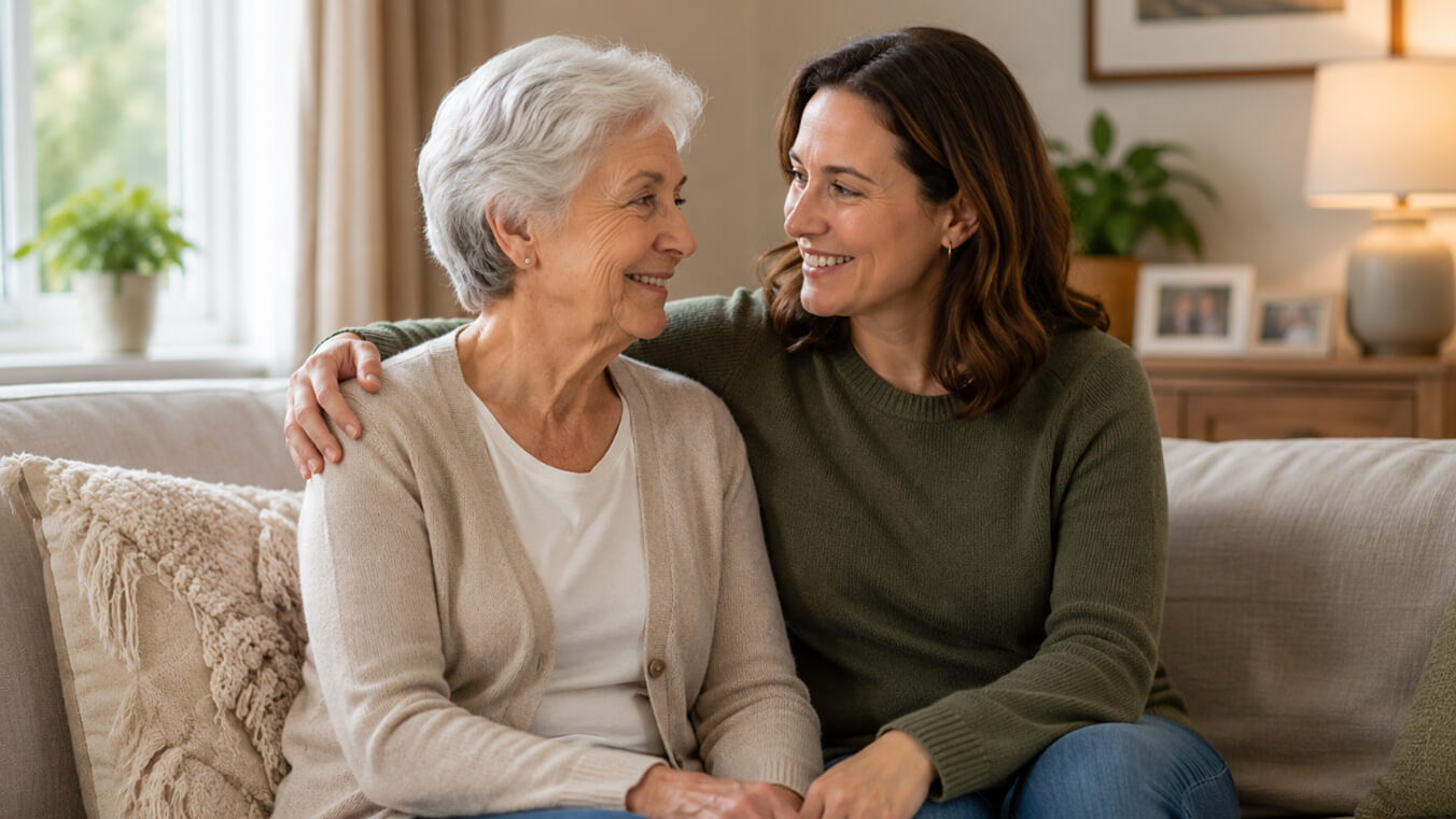 Widowed partner and her child at home, representing DVA support available to dependants.