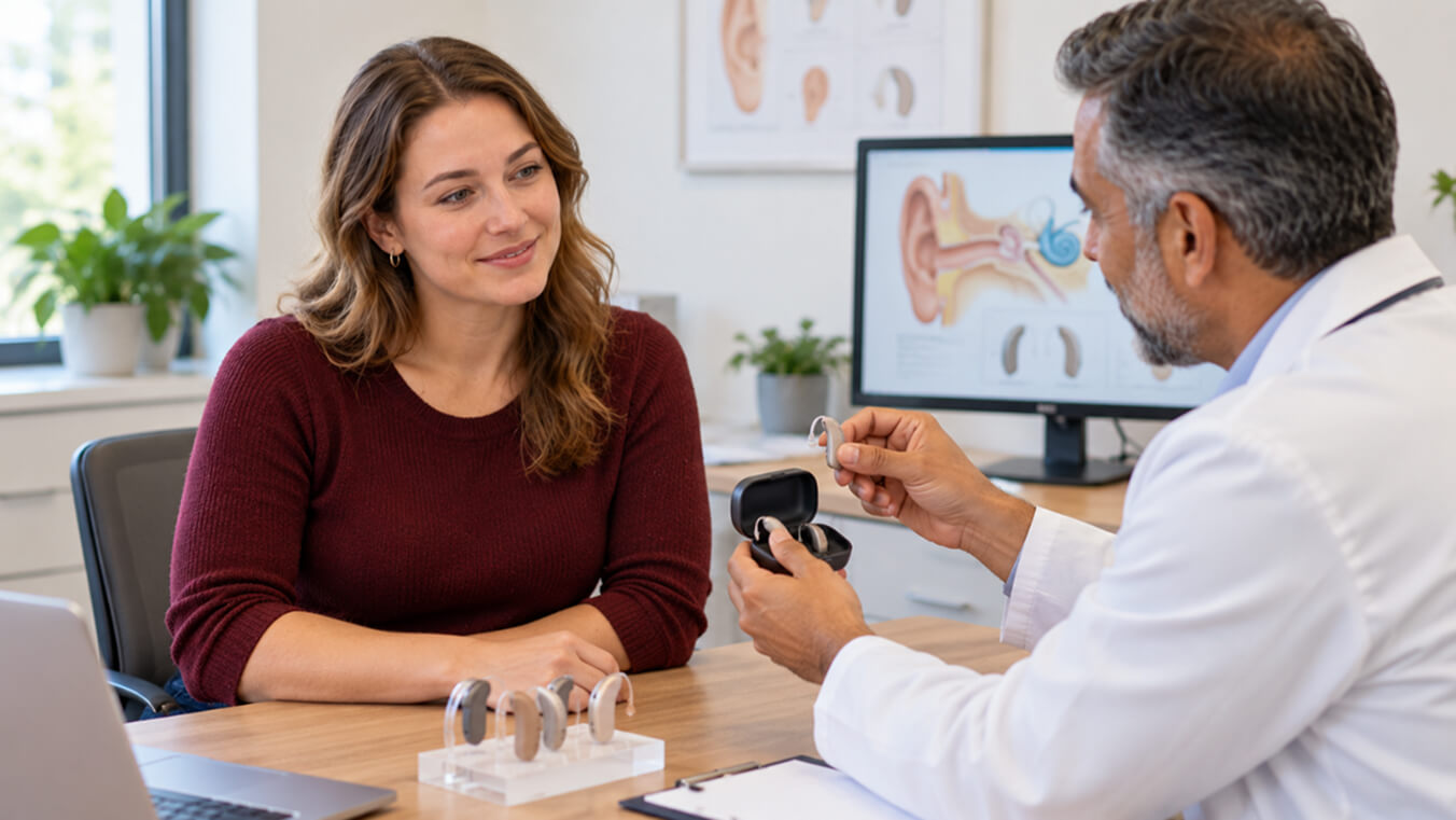 Veteran talking with her audiologist about a fully subsidised hearing aid before any device is bought.