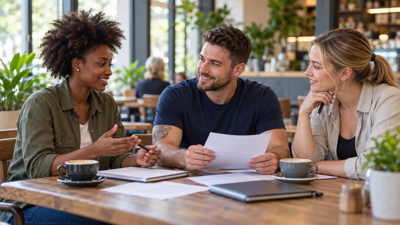 Three veterans talking over notes at a cafe table about their DVA claim.