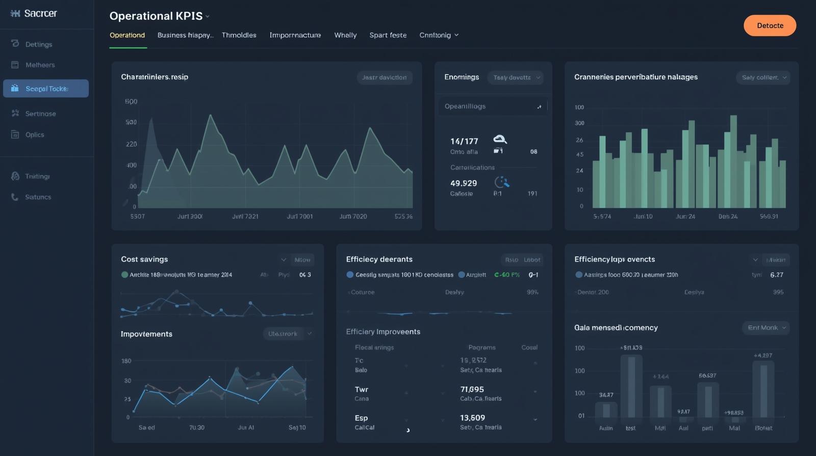 Business KPI dashboard with navy background and sage graphs