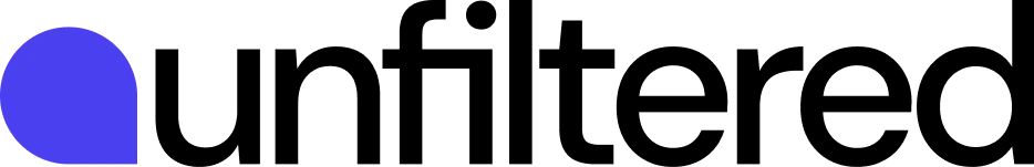 Unfiltered logo with a stylized purple drop shape followed by the text 'unfiltered' in lowercase black letters.
