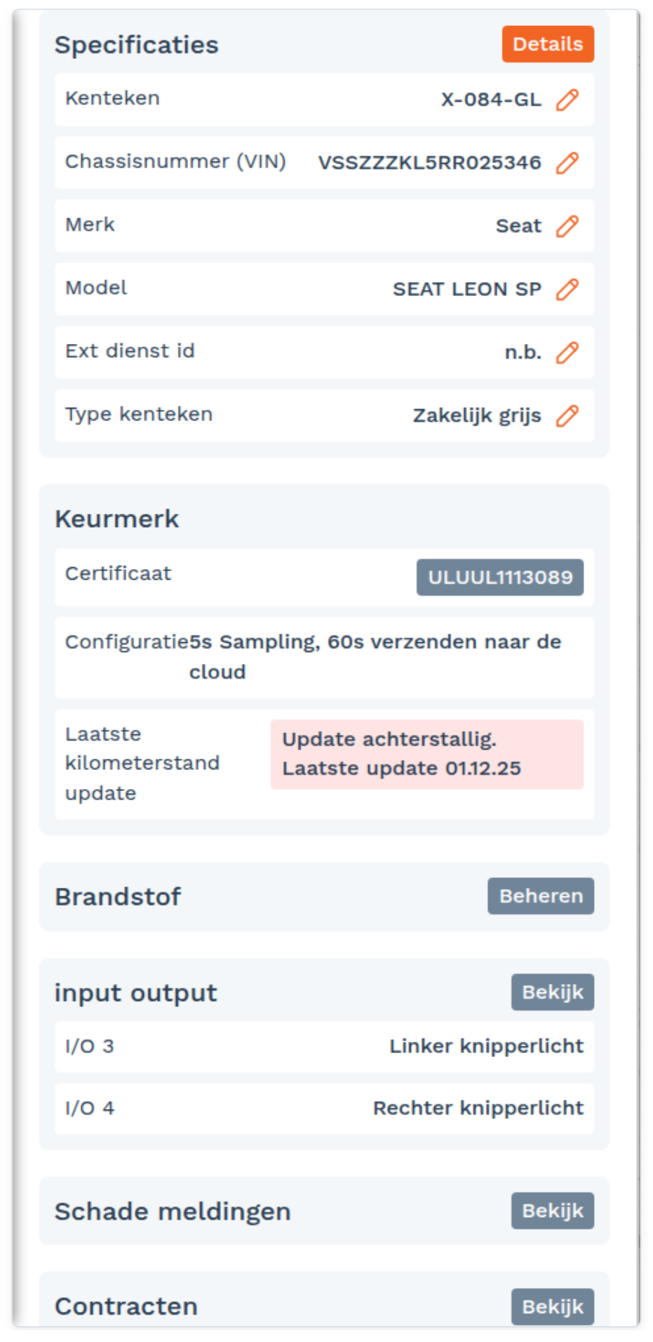 Specificaties in de voertuigdetails, met potloodiconen voor wijzigen
