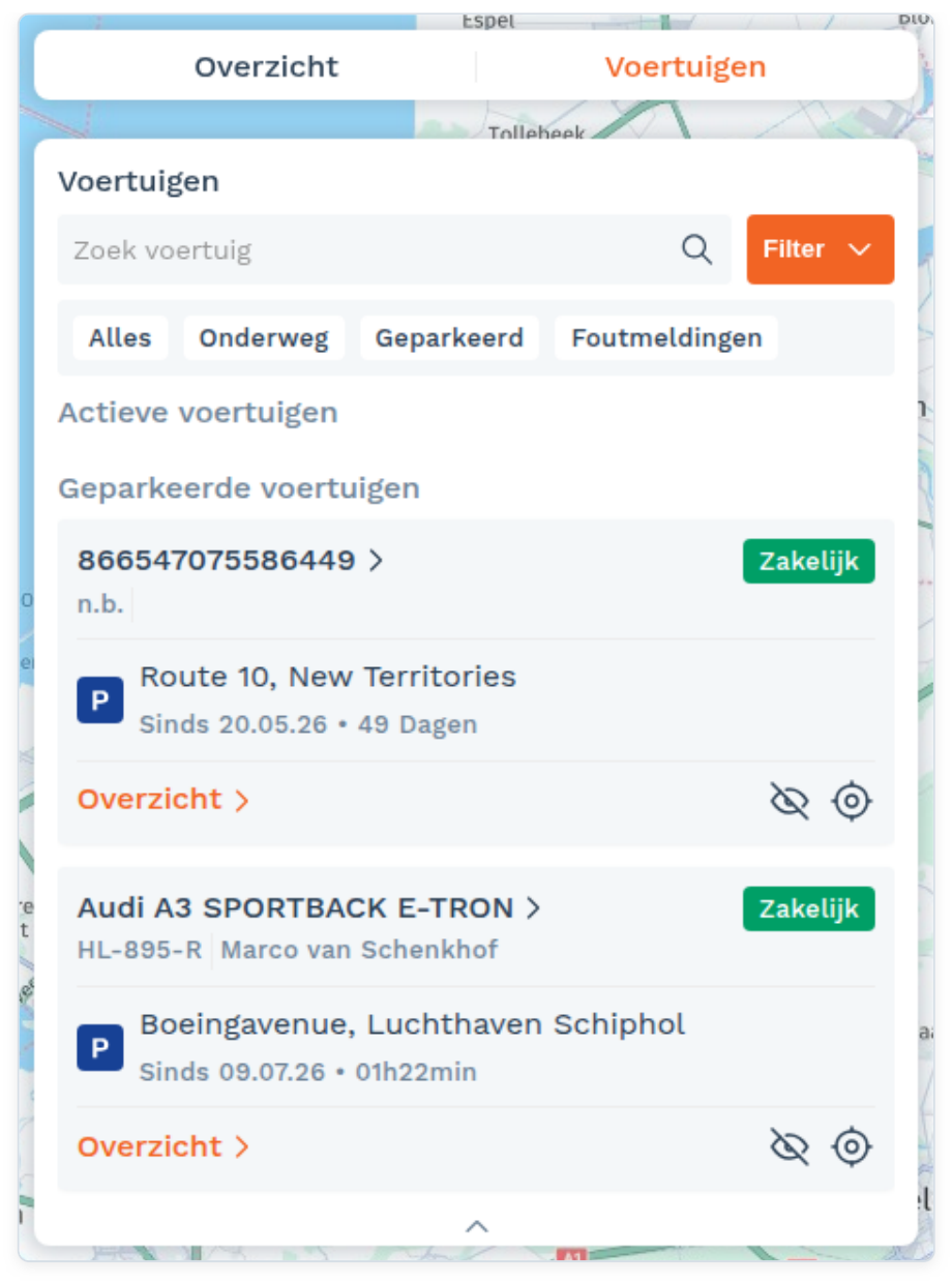 Live map: De rechter zijbalk: Overzicht en Voertuigen (screenshot uit de handleiding, pagina 7)