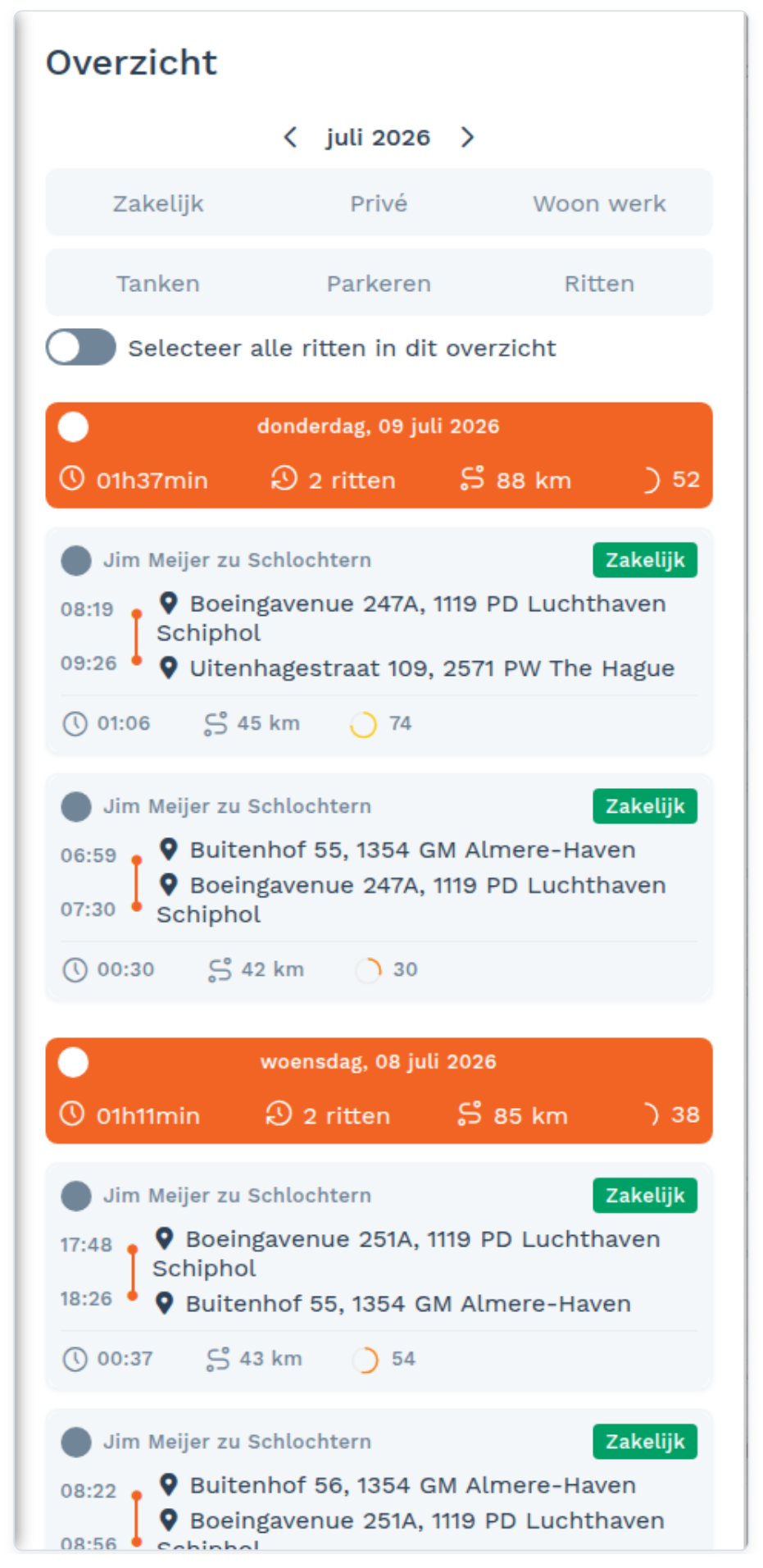 Rittenoverzicht met maandkeuze, filters en ritkaarten