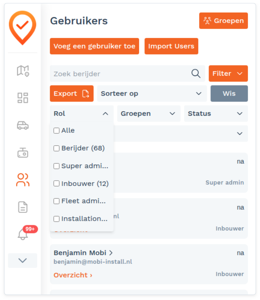 Gebruikers: Zoeken, filteren en sorteren (screenshot uit de handleiding, pagina 89)