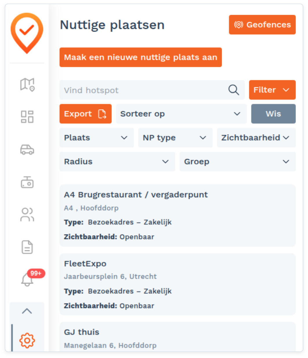 Nuttige plaatsen (POI's): Zoeken en filteren (screenshot uit de handleiding, pagina 114)