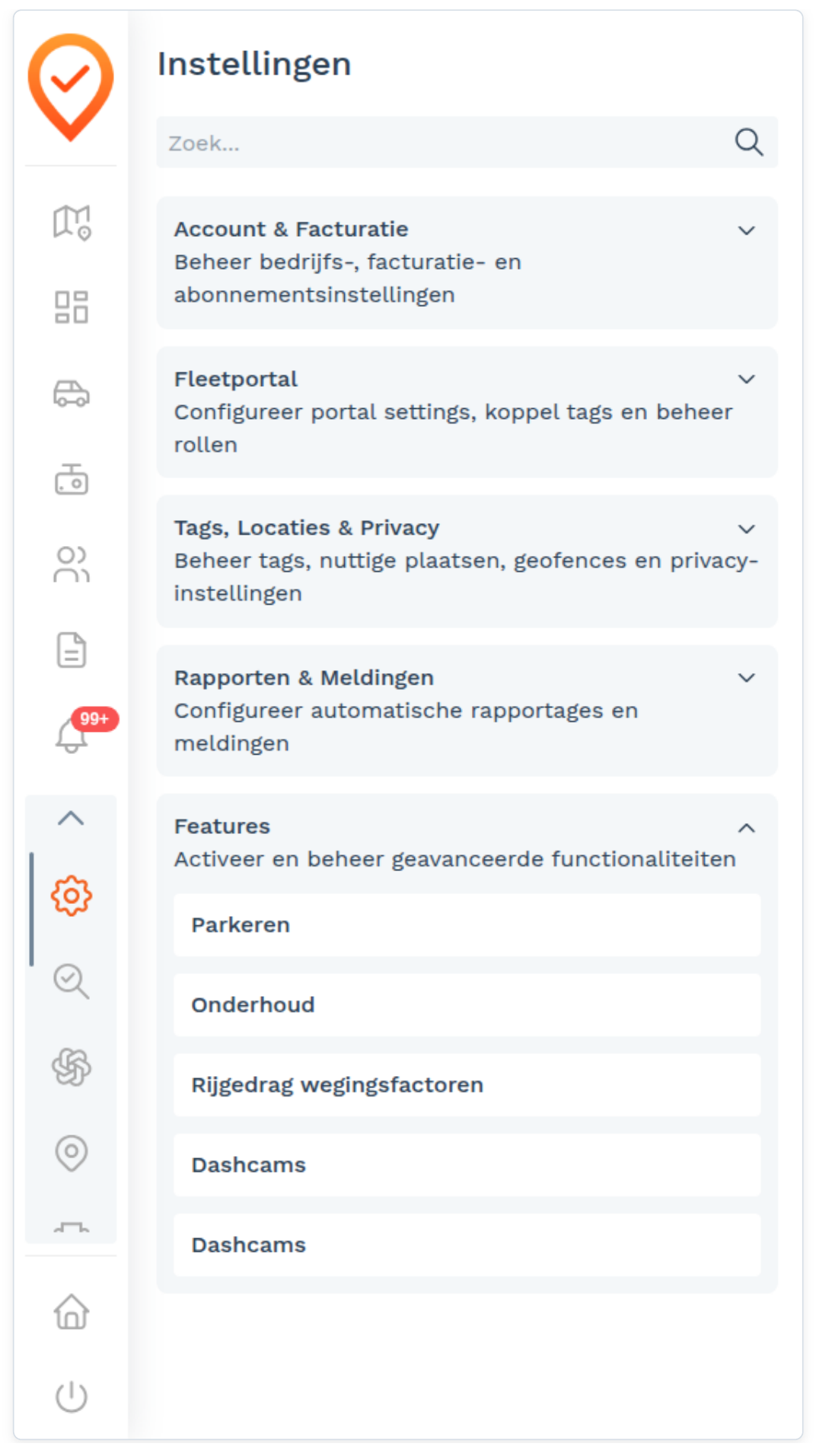 Instellingen: De vijf secties (screenshot uit de handleiding, pagina 134)