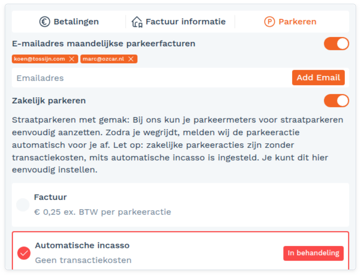 Mijn omgeving: Betalingen, facturatie en parkeren (screenshot uit de handleiding, pagina 154)