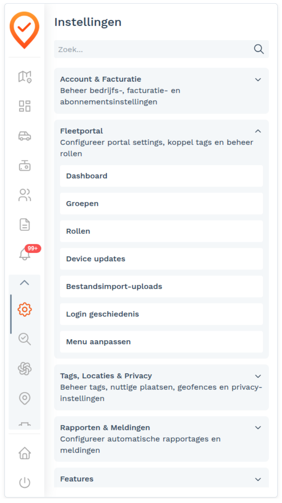 Instellingen: De vijf secties (screenshot uit de handleiding, pagina 131)