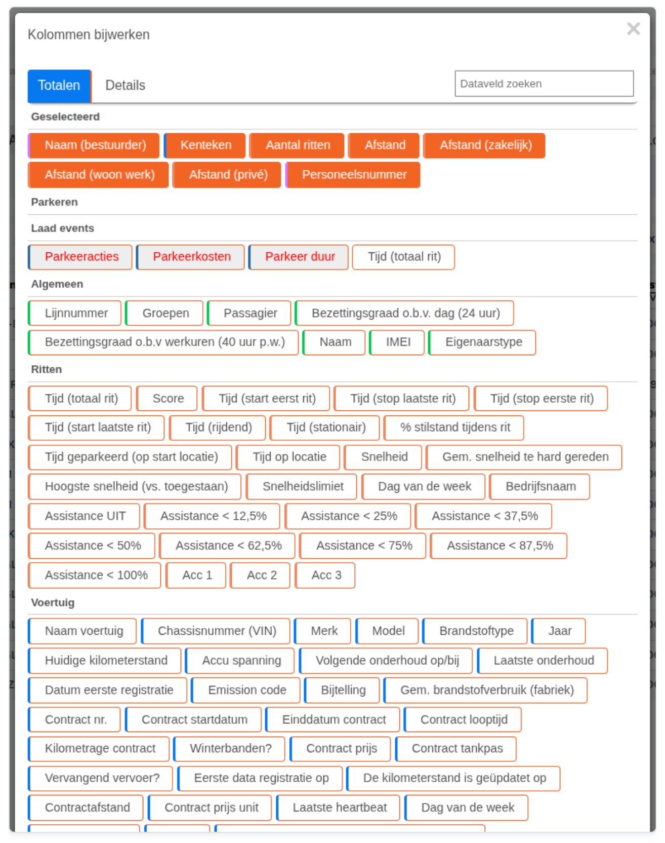Rapportages: Kolommen aanpassen (screenshot uit de handleiding, pagina 68)