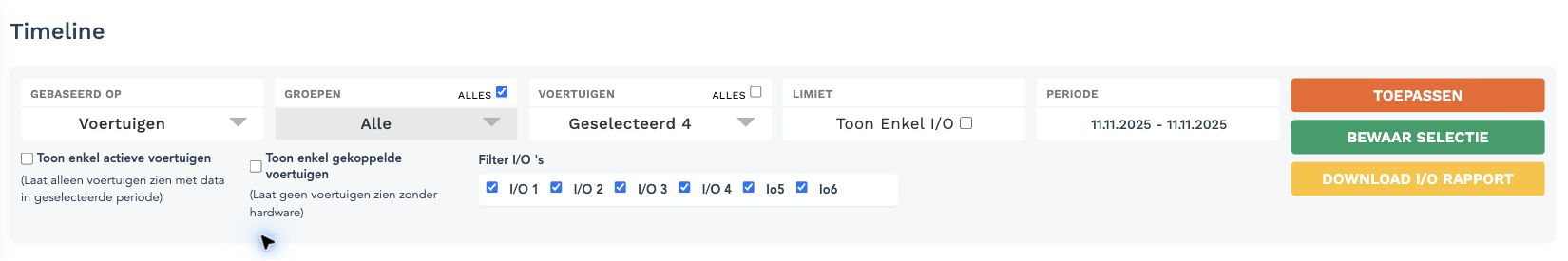 Timeline-filterbalk met Voertuigen, Groepen, Periode, Toepassen, Bewaar selectie en Download I/O rapport