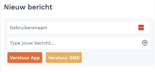 Nieuw bericht met gebruikersnaam, berichtveld, locatie-icoon en de knoppen Verstuur App en Verstuur SMS