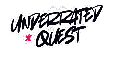 Stylized black and white text reading 'Underrated Quest' with a small pink star graphic on a transparent background.