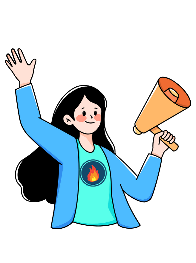 Illustration of a smiling person with black hair wearing a blue jacket and holding an orange megaphone, with a flame emblem on their shirt.