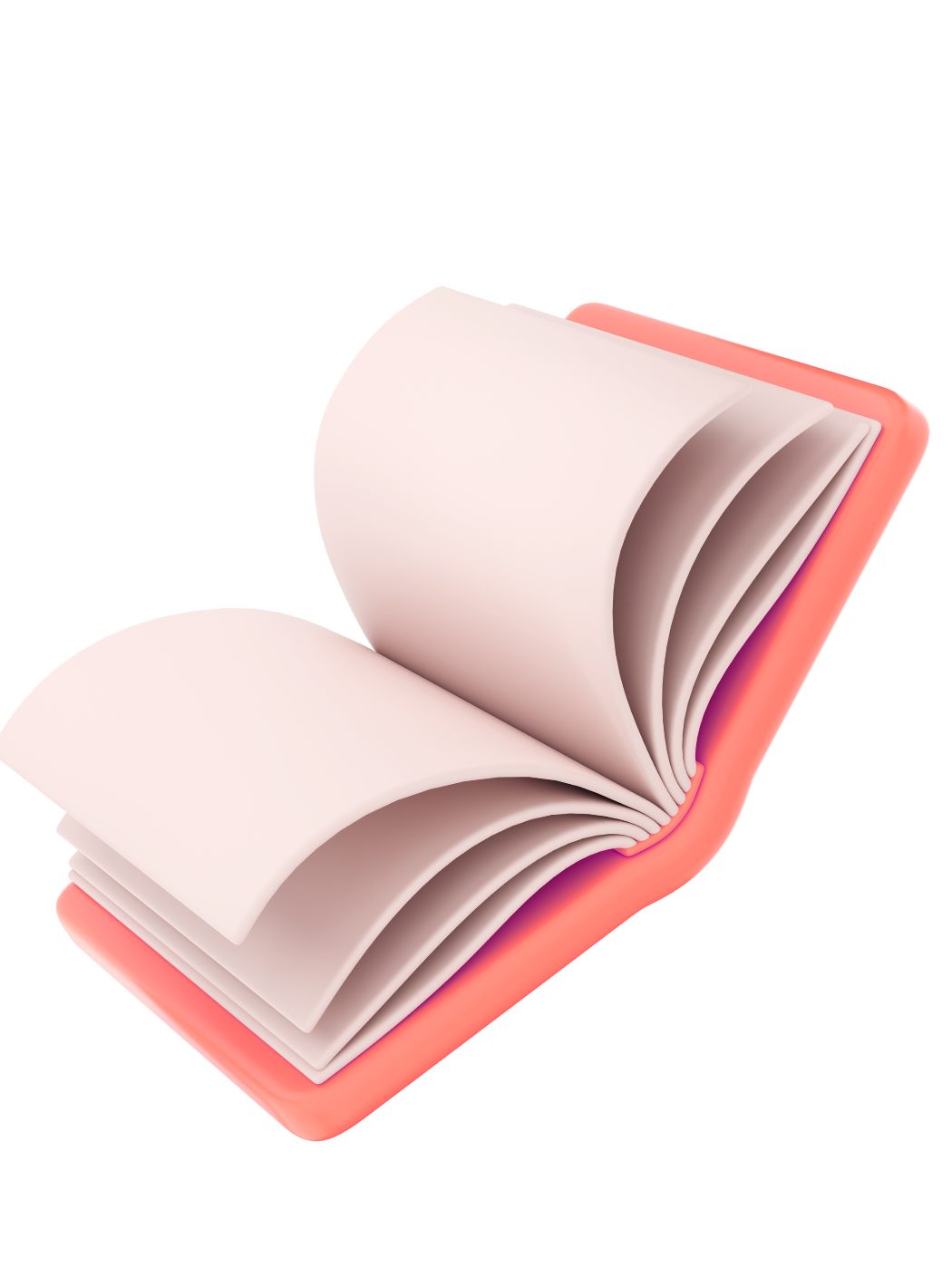 3D illustration of an open book with blank white pages and a coral-colored cover.