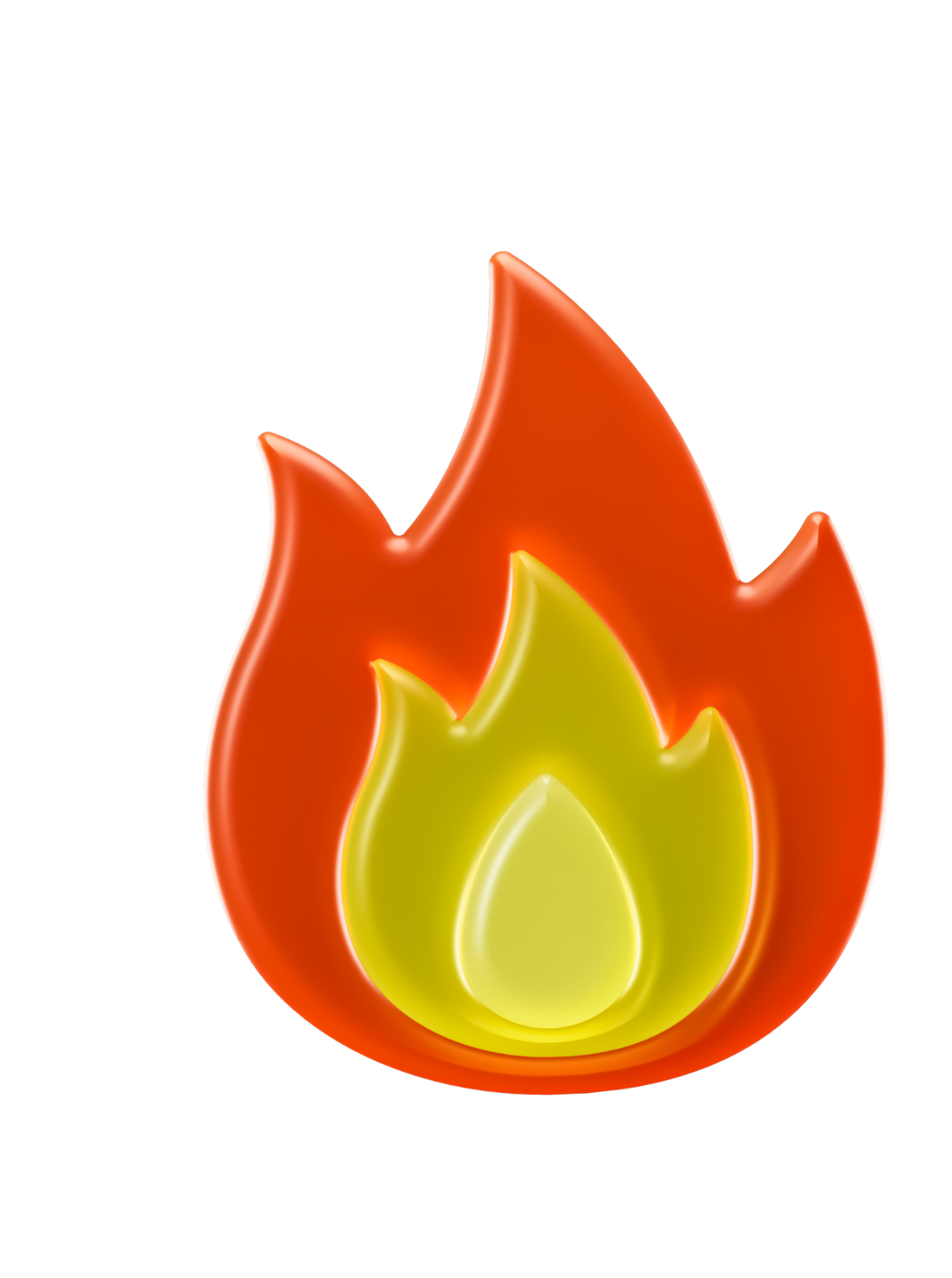 3D illustration of a stylized flame with an orange outer layer and a yellow inner layer shaped like a flame and a drop.