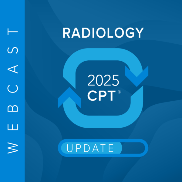Blue-themed image with text 'Radiology 2025 CPT update' and the word 'webcast' vertically on the left side.