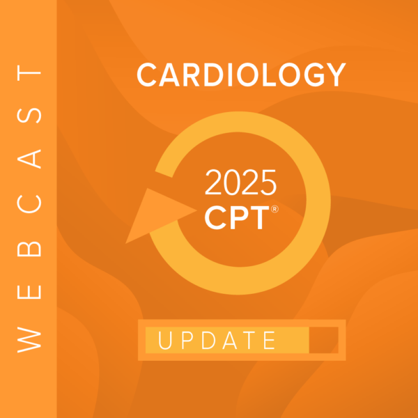 Orange graphic for a cardiology webcast with 2025 CPT update featuring a circular arrow and progress bar.