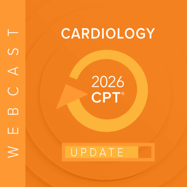 Orange graphic with the word CARDIOLOGY and a circular arrow surrounding 2026 CPT, above a progress bar labeled UPDATE, and WEBCAST written vertically on the left side.