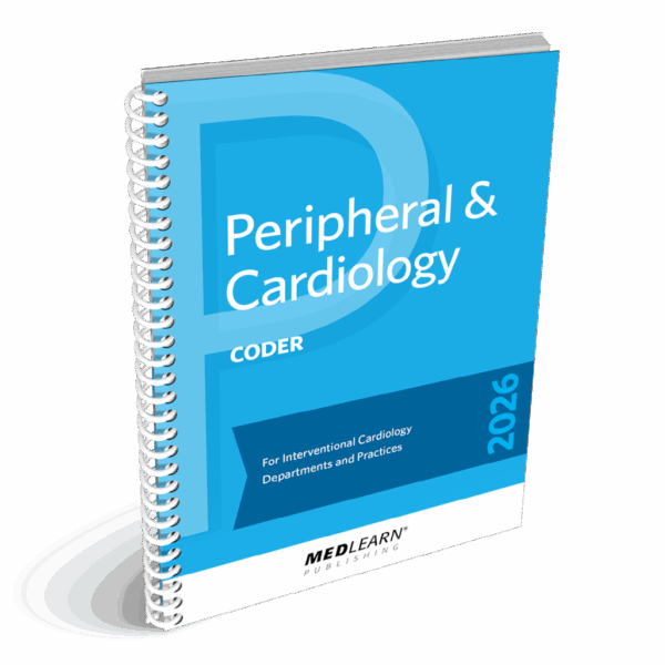 Spiral-bound book titled 'Peripheral & Cardiology Coder 2026' for interventional cardiology departments and practices by MedLearn Publishing.