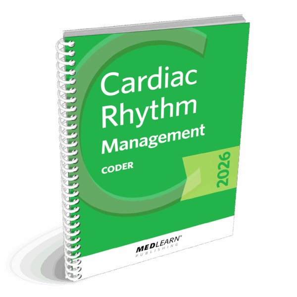 Spiral-bound book titled 'Cardiac Rhythm Management CODER 2026' published by MedLearn Publishing.