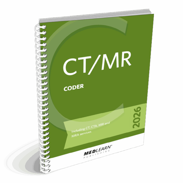 Spiral-bound 2026 CT/MR coder guidebook with a green cover, including CT, CTA, MRI, and MRA services, published by MedLearn Publishing.
