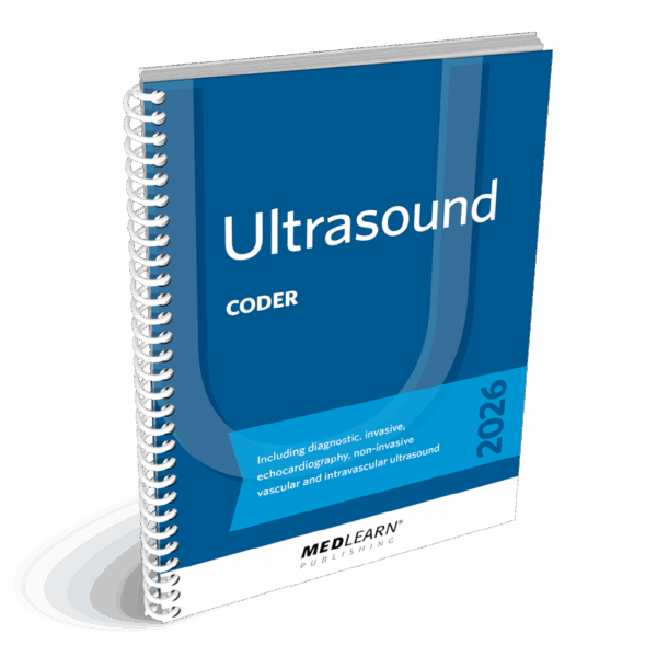 Spiral-bound book titled 'Ultrasound Coder 2026' with a blue cover from MedLearn Publishing.