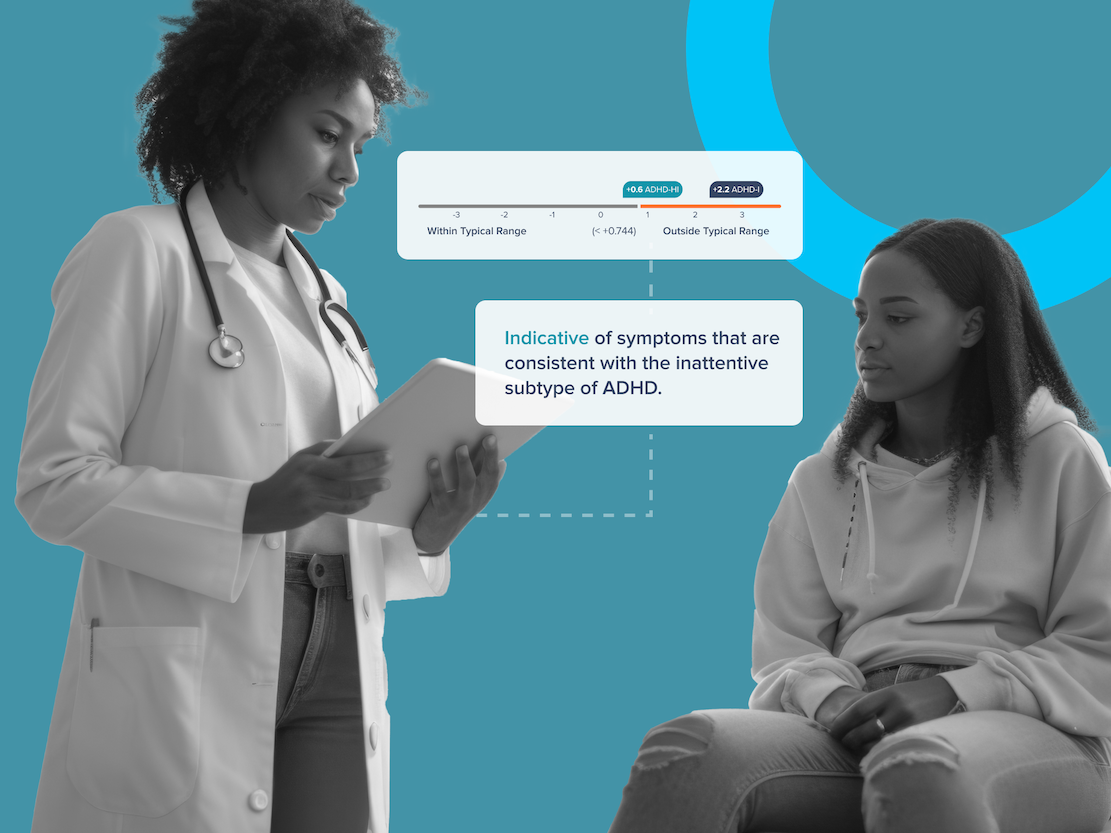 Female doctor holding a tablet talking to a seated young woman with hoodie, with overlay showing ADHD symptom score chart and note about inattentive ADHD subtype.
