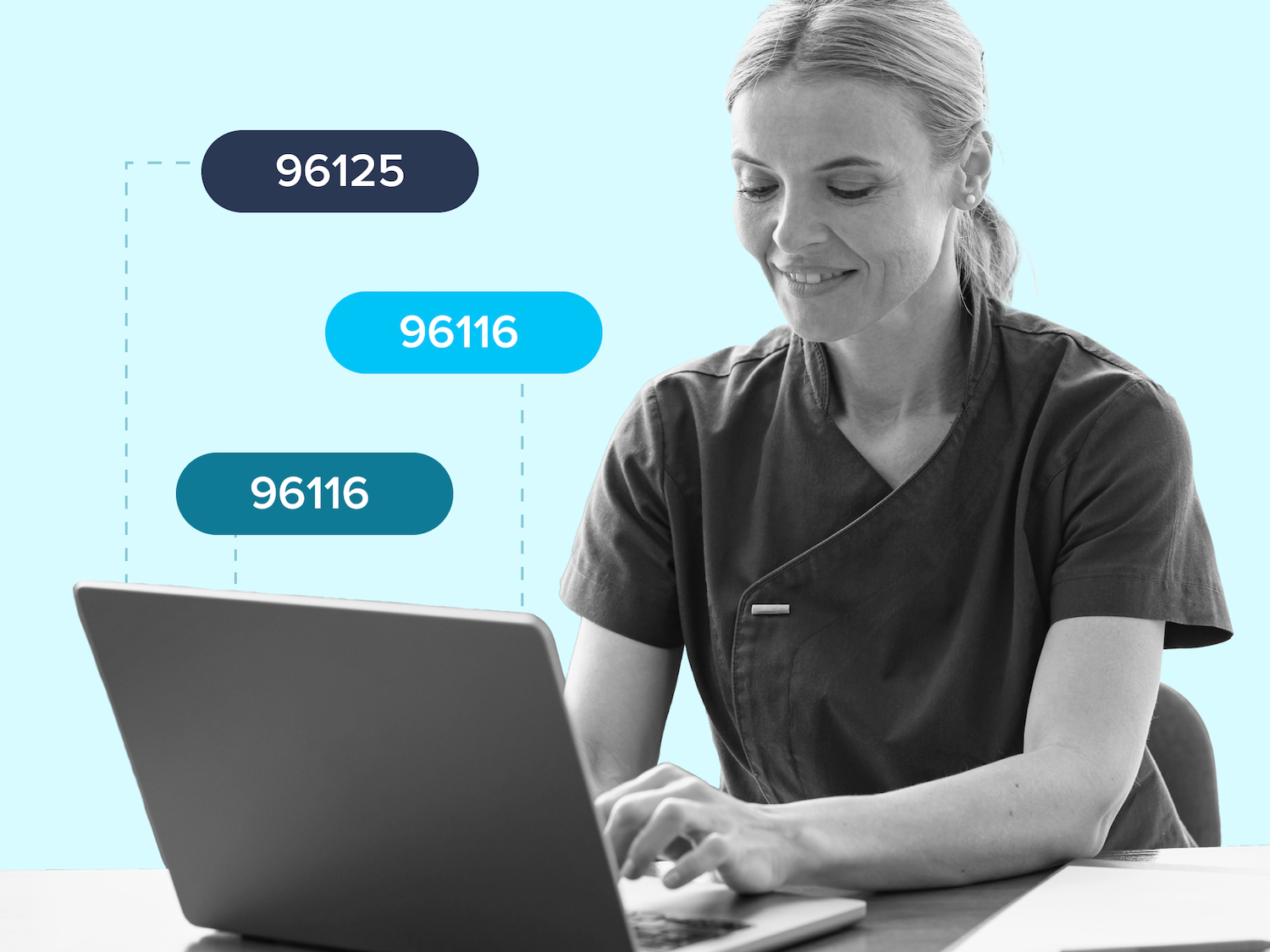 Smiling woman in medical scrubs typing on a laptop with postal codes 96125 and 96116 displayed.