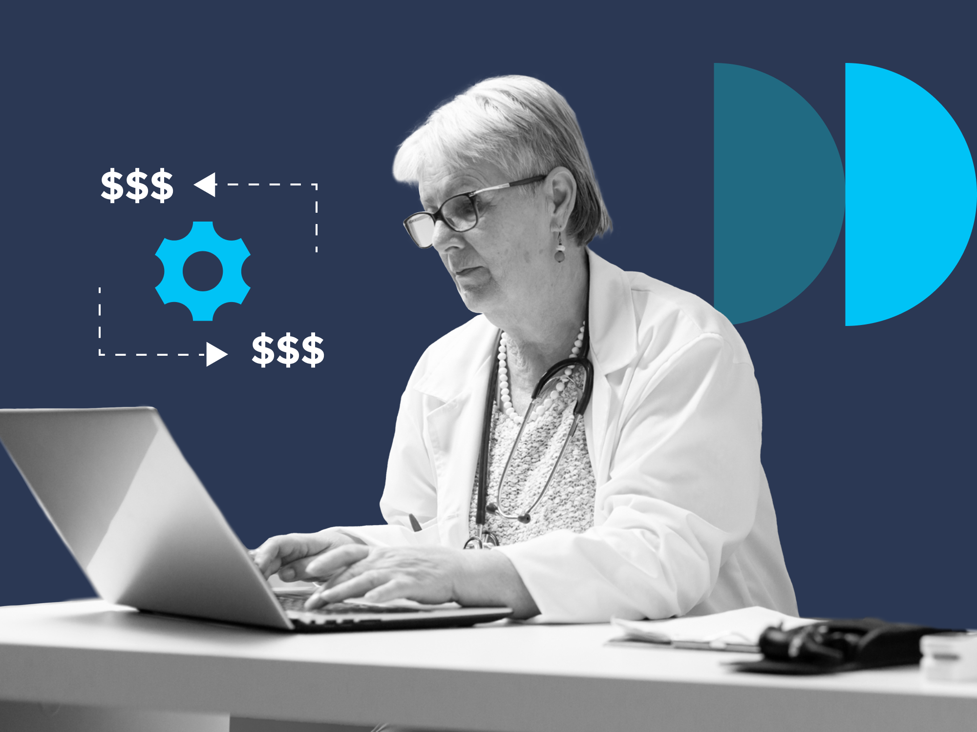 Older female doctor with glasses and stethoscope working on a laptop at a desk with financial gear icons nearby.