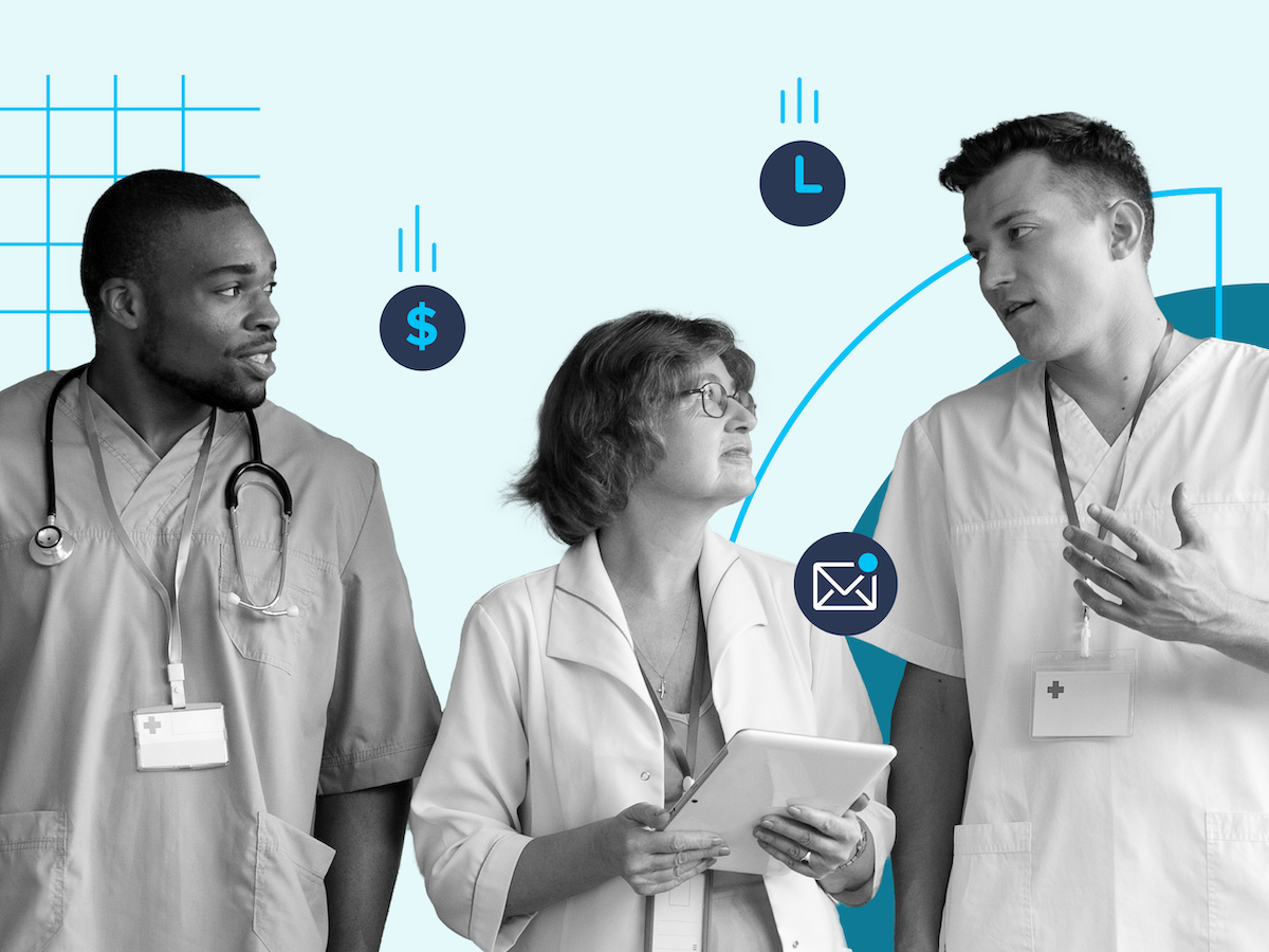 Three healthcare professionals in discussion, with floating icons of a dollar sign, clock, and email envelope around them.