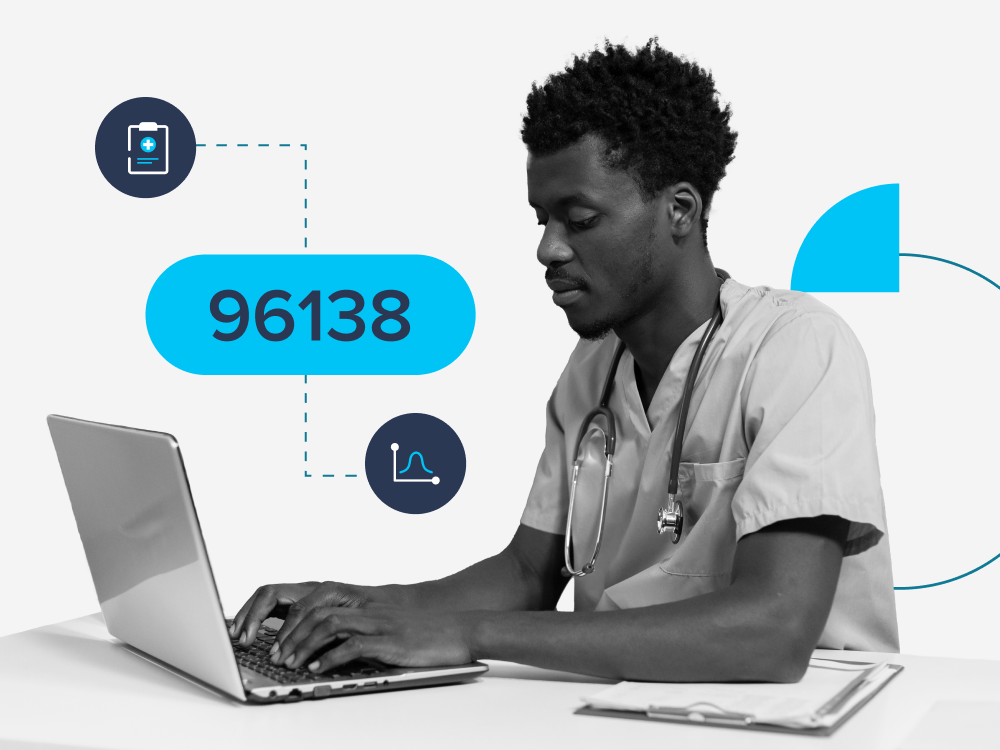 Healthcare professional in scrubs with stethoscope working on a laptop next to graphical icons and code 96138.