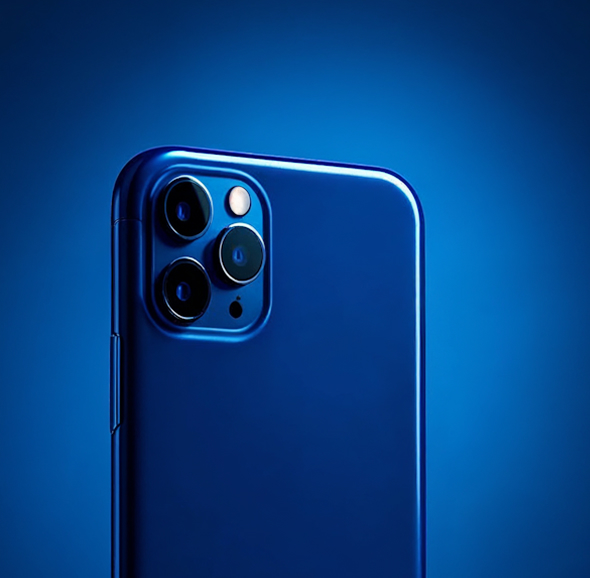 Close-up of the back of a blue smartphone showing its triple camera lenses and flash on a blue gradient background.