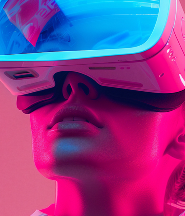 Close-up of a person wearing a white virtual reality headset with blue lenses, illuminated by pink and blue lighting.