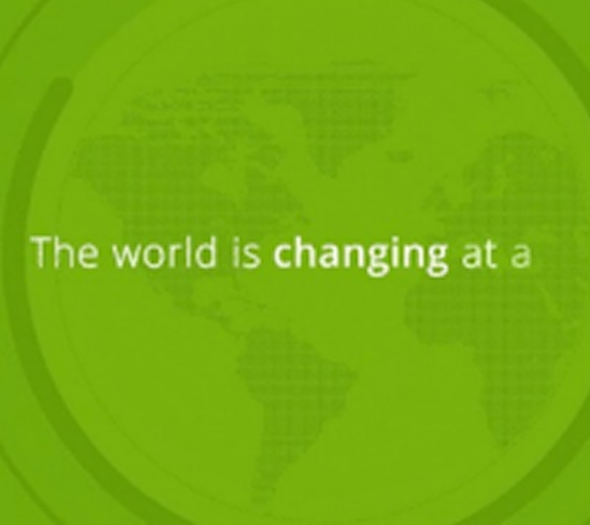 Green background with a faint world map and the text 'The world is changing at a' in white letters.