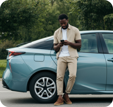 Man in beige clothes leaning on a blue car, looking at his smartphone outdoors.