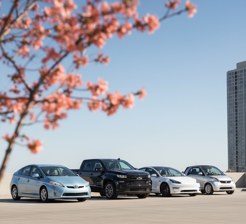 Four parked cars lined up on a rooftop with a blurred flowering tree branch in the foreground and a tall building in the background.