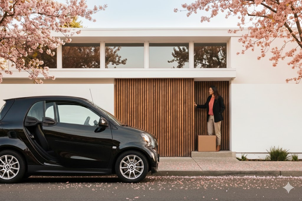 Woman standing at a modern front door with a cardboard package on the step and a black car parked outside under blooming cherry blossom trees.