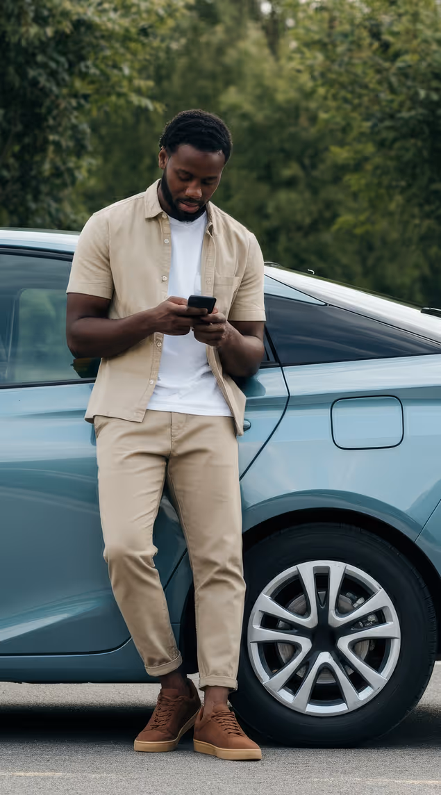 Man in beige clothes leaning on a blue car, looking at his smartphone outdoors.