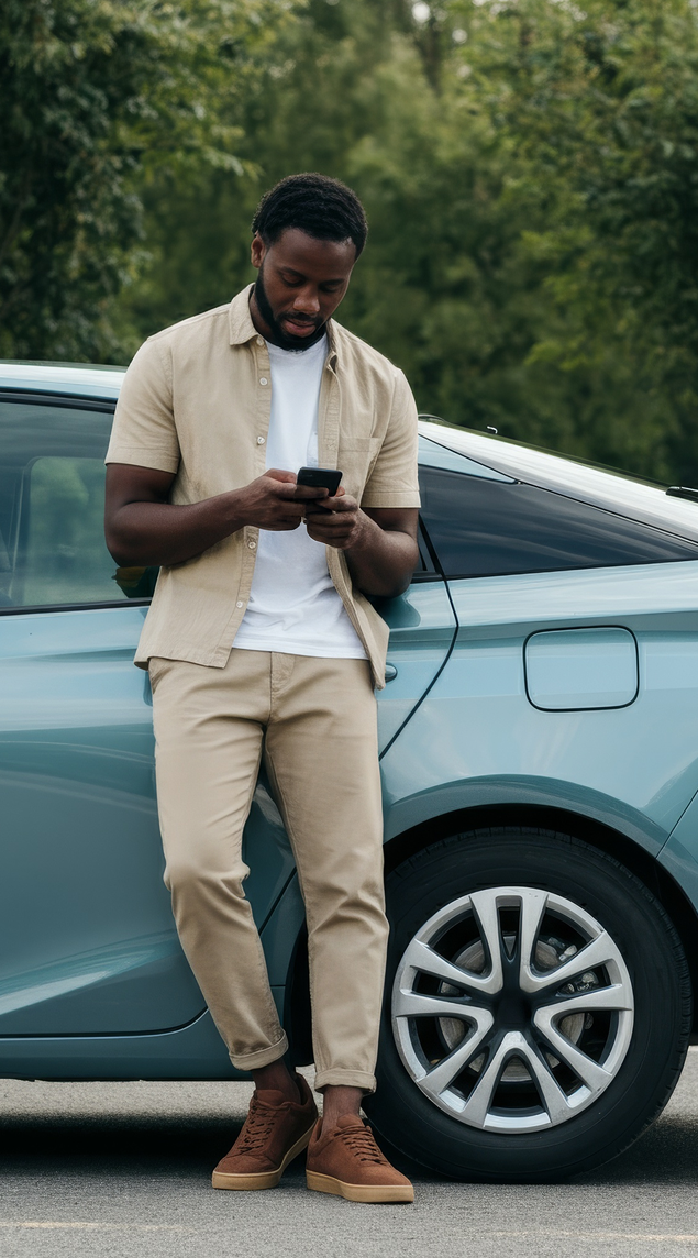 Man in beige clothes leaning on a blue car, looking at his smartphone outdoors.