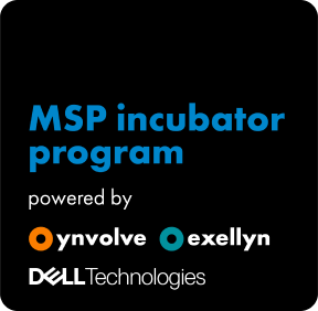Text reading MSP incubator program powered by Dynvolve, Exellyn, and Dell Technologies logos on black background.