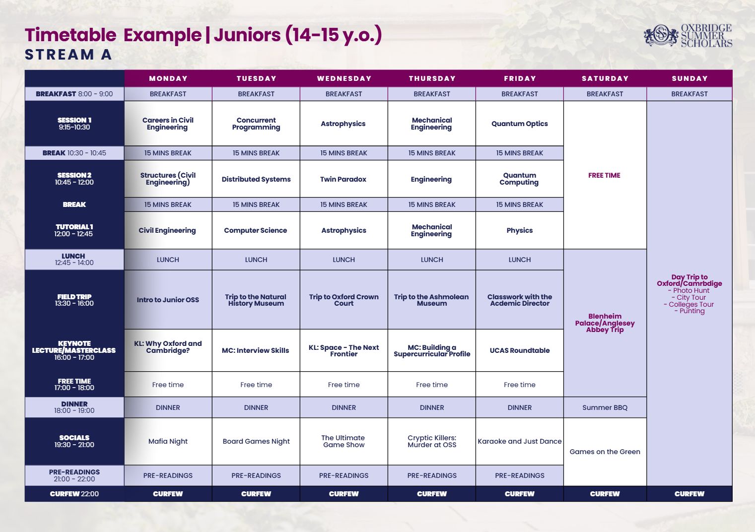 Timetable Juniors Stream A