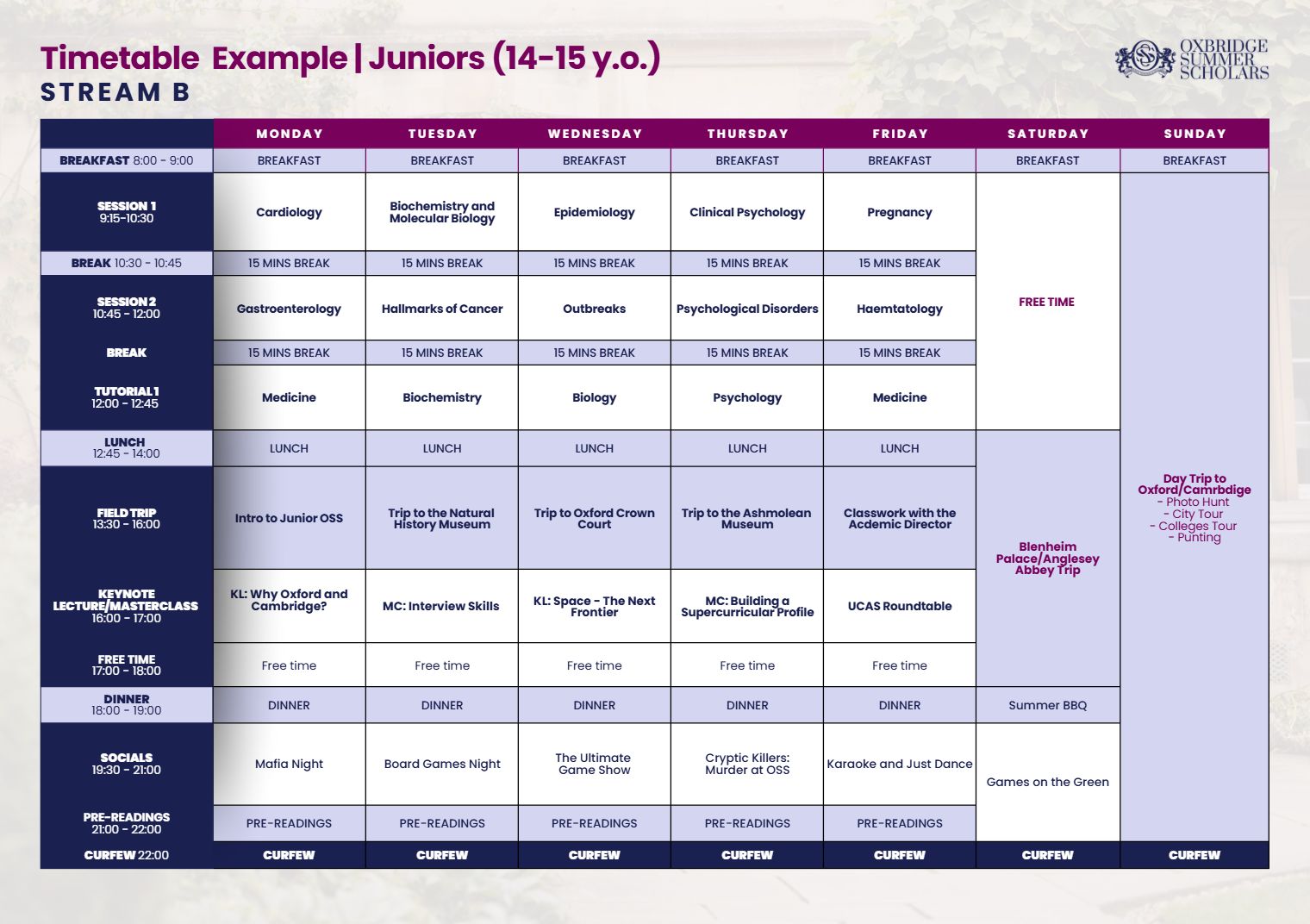 Timetable Juniors Stream B