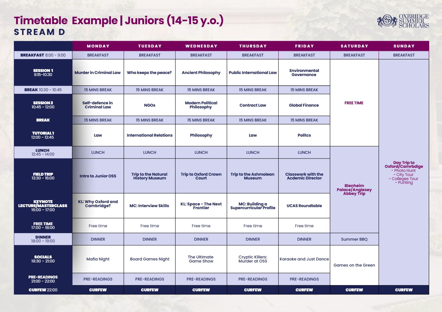 Timetable Juniors Stream D