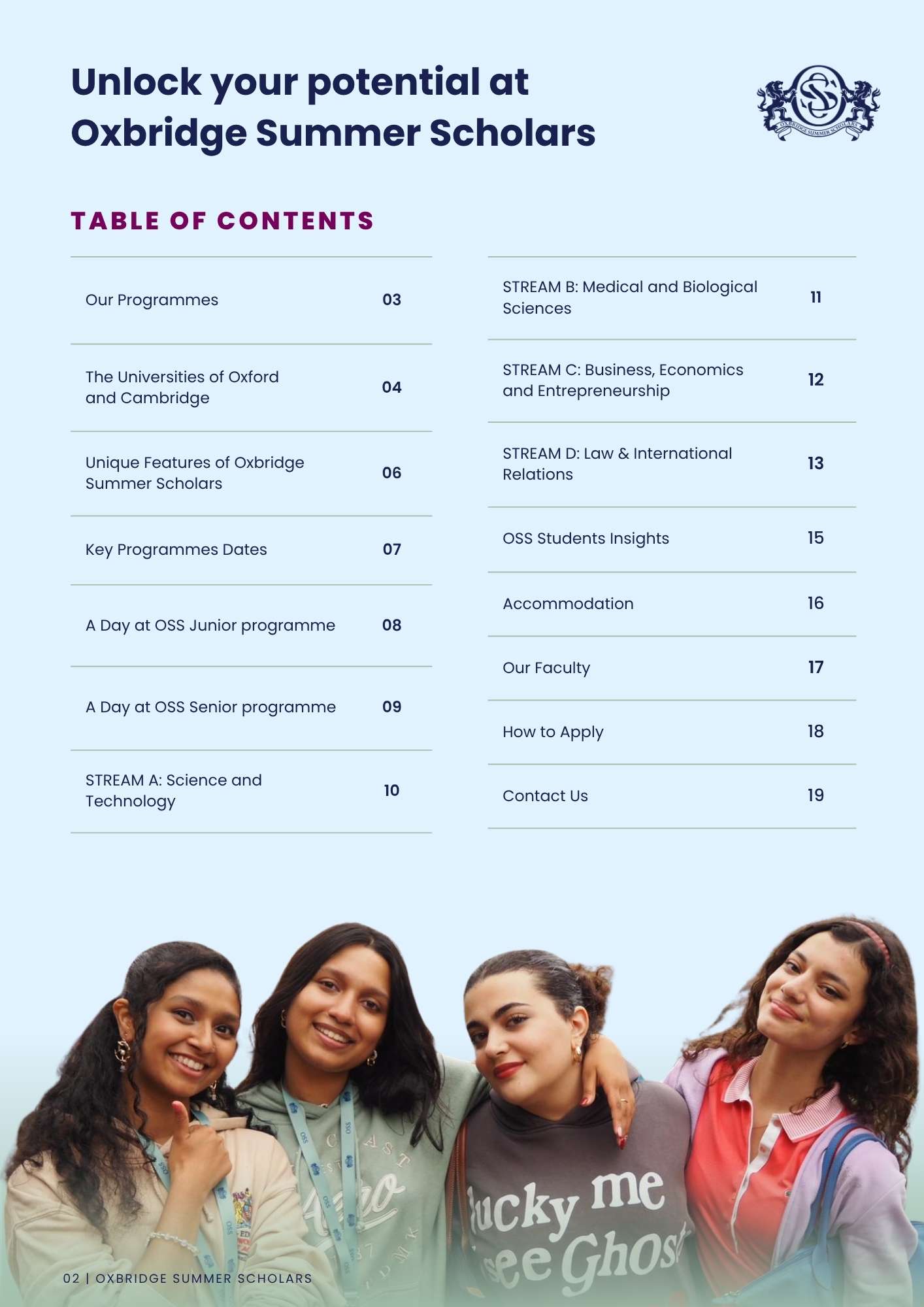 Table of contents for the Oxbridge Summer Scholars Programmes Overview 2027 brochure showing programme sections and page numbers.