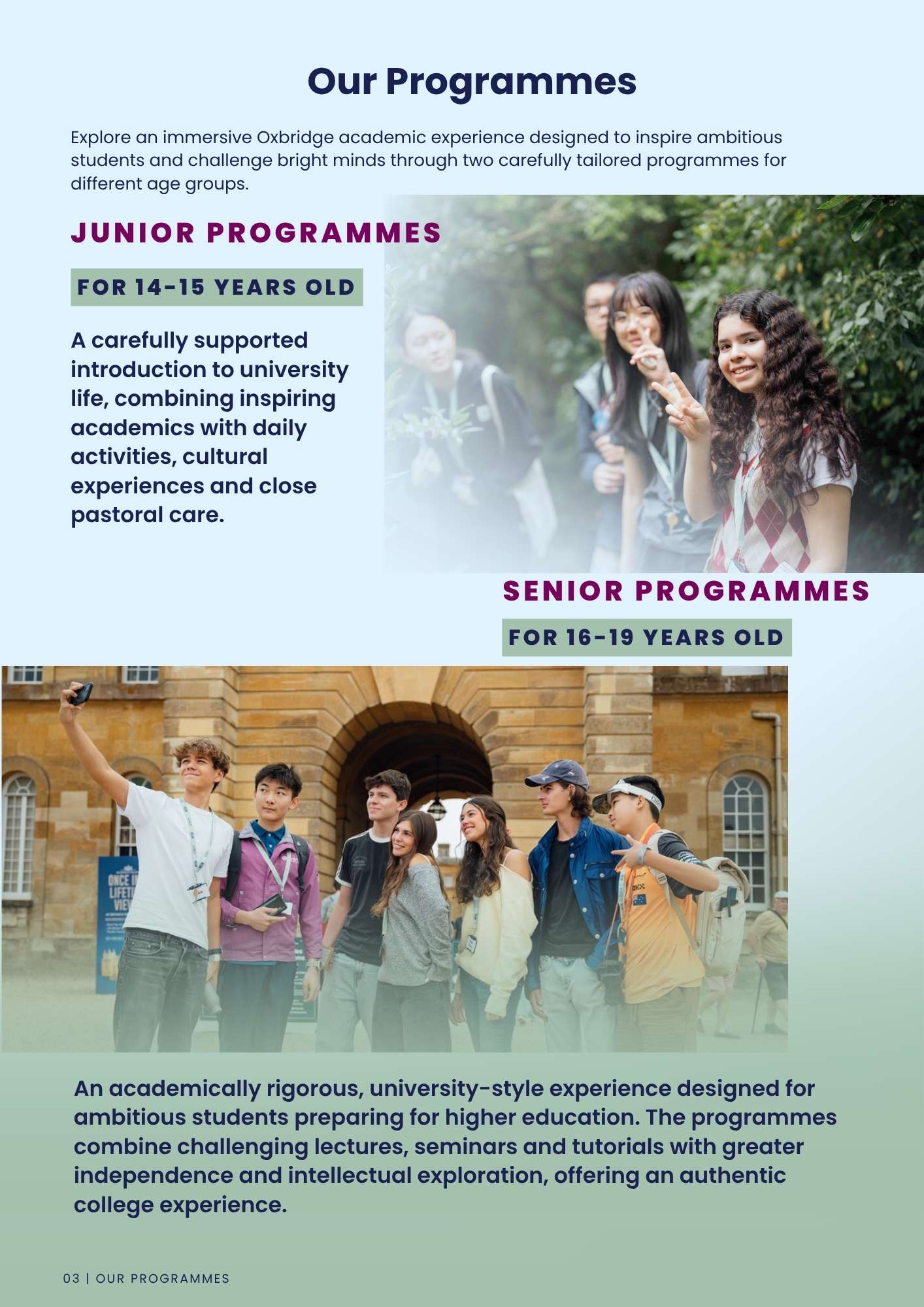 Overview of Junior and Senior Oxbridge Summer Scholars programmes, explaining the differences between the two age groups with student photographs.