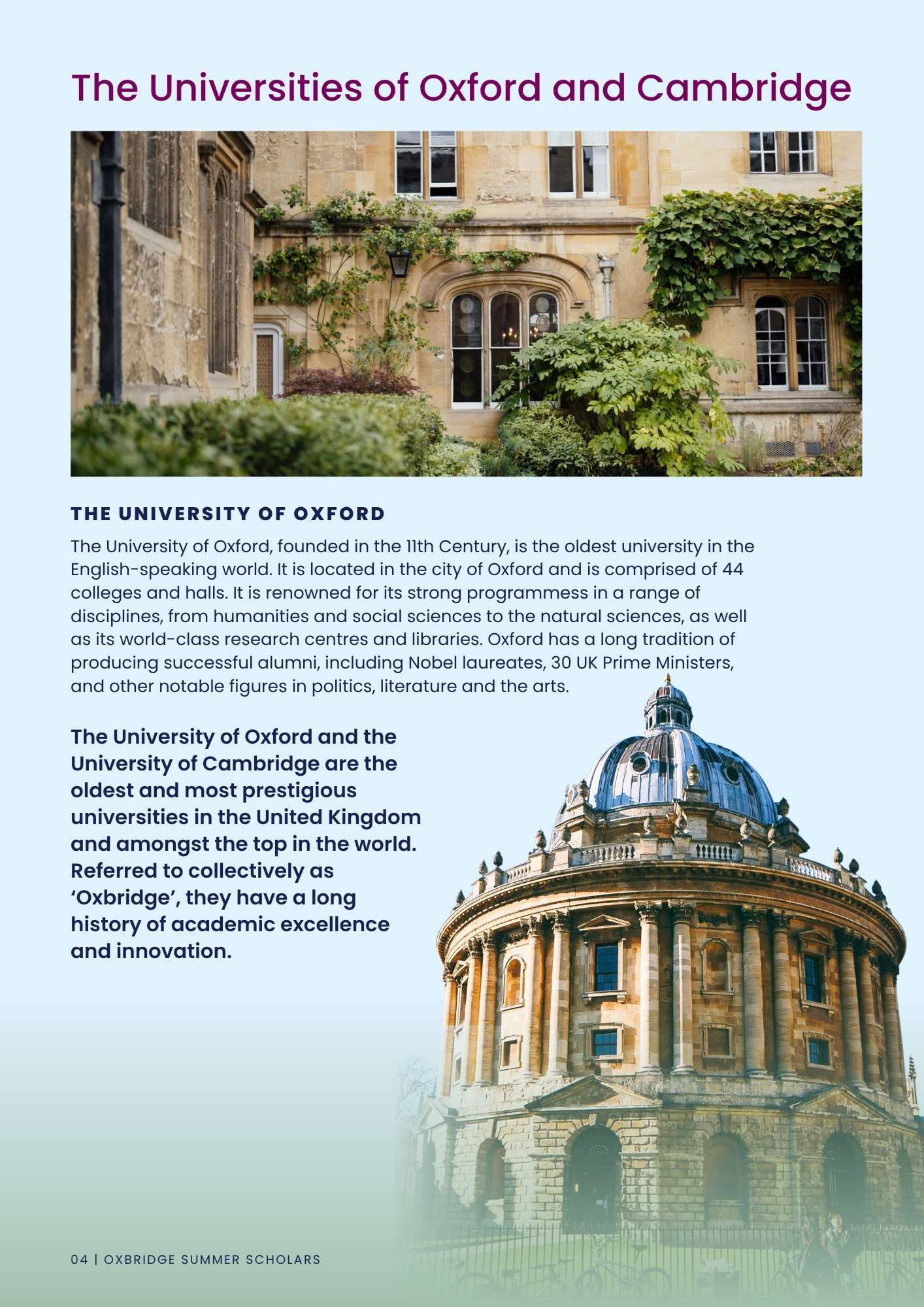 Introduction to the University of Oxford, featuring Radcliffe Camera and Oxford college buildings with information about the university.