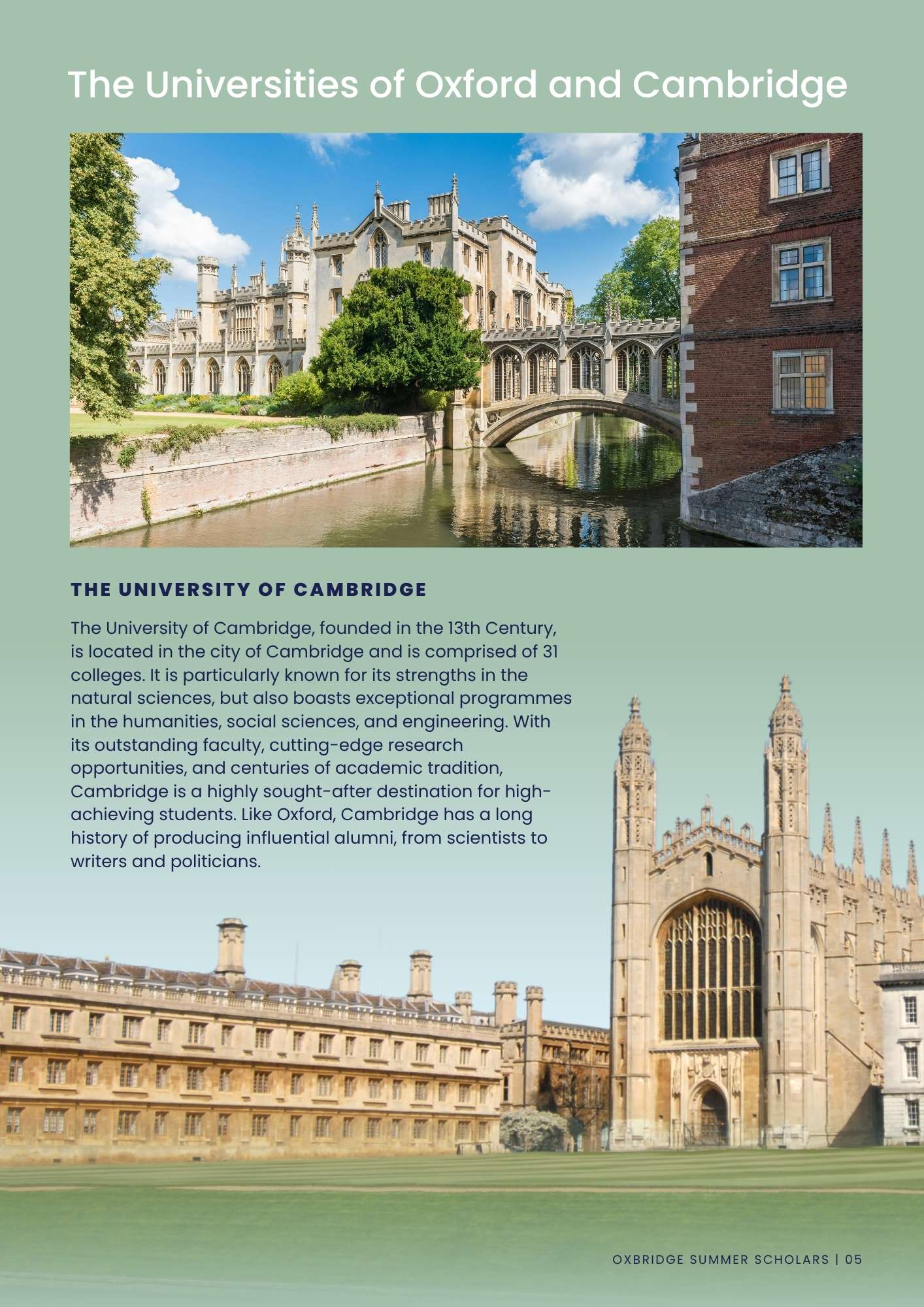 Introduction to the University of Cambridge, featuring King's College Chapel and the Mathematical Bridge with information about the university.