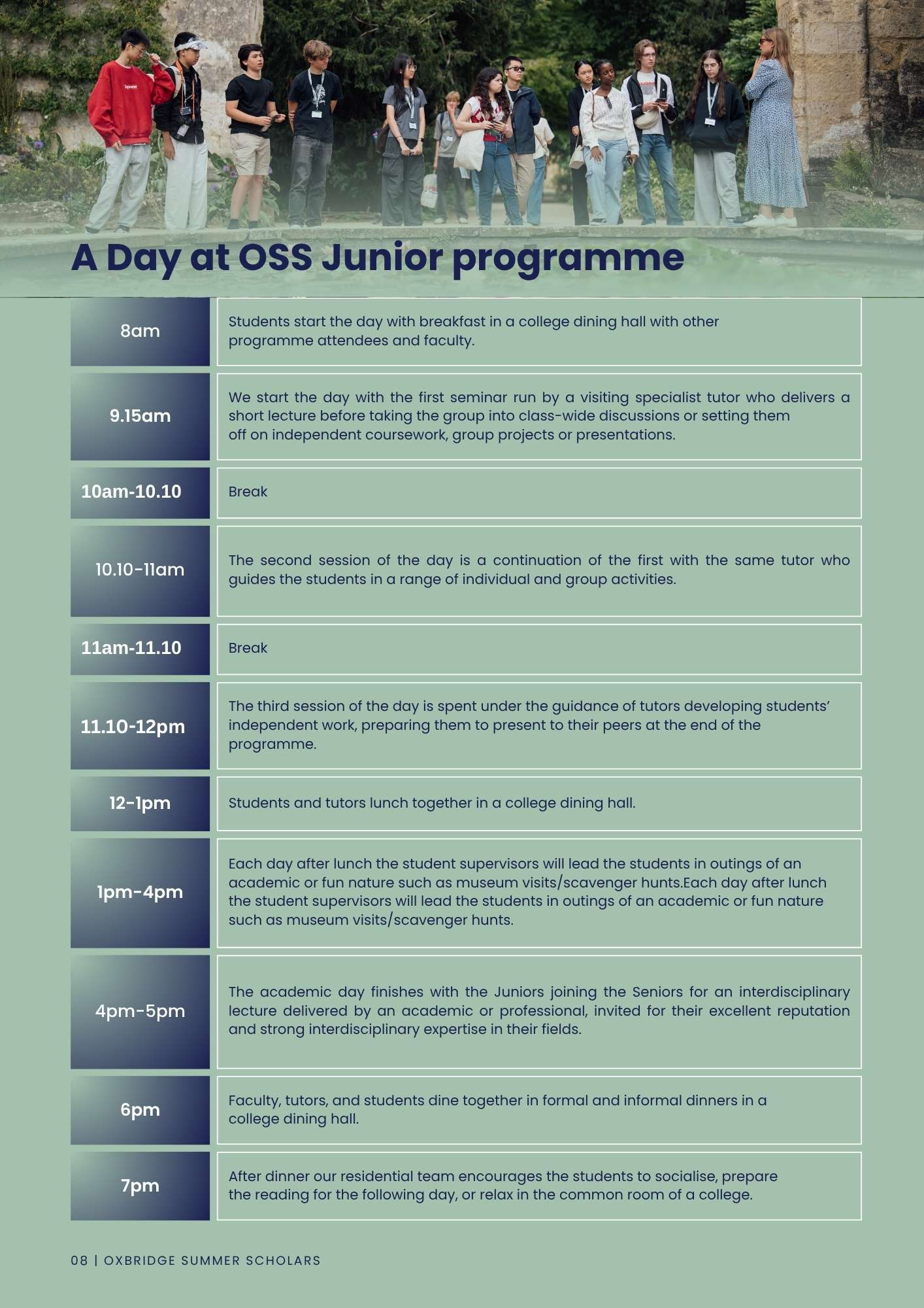 Overview of a typical day on the Oxbridge Summer Scholars Junior Programme, including academic sessions, activities and pastoral support.